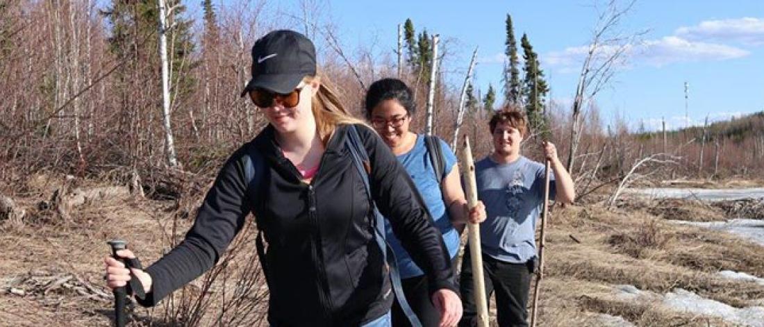 Students hiking during the early winter season