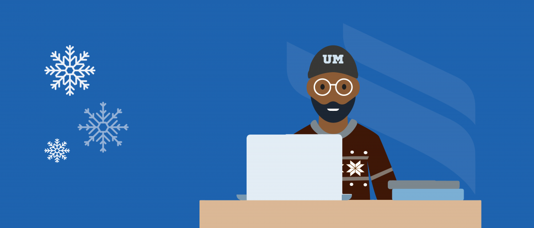 Graphic of a student wearing sweater in front of his laptop