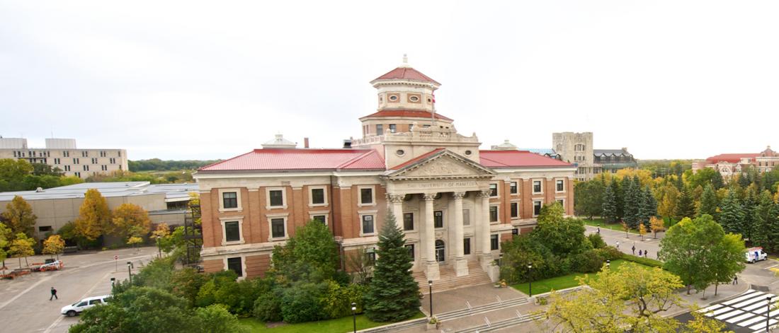 A shot of UM's administration building on an overcast day.