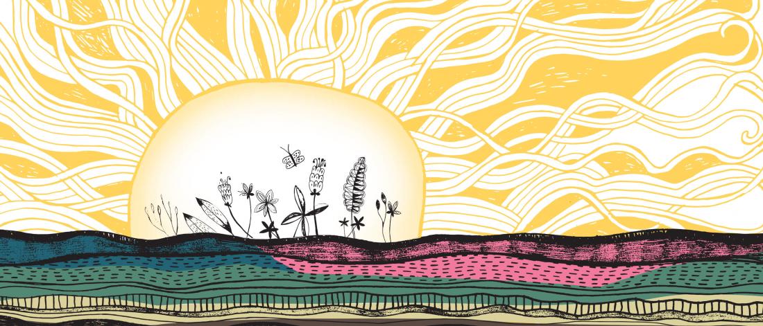 An abstract illustration of a sun setting over a prairie field. Beneath the soil, tiny dots move around.