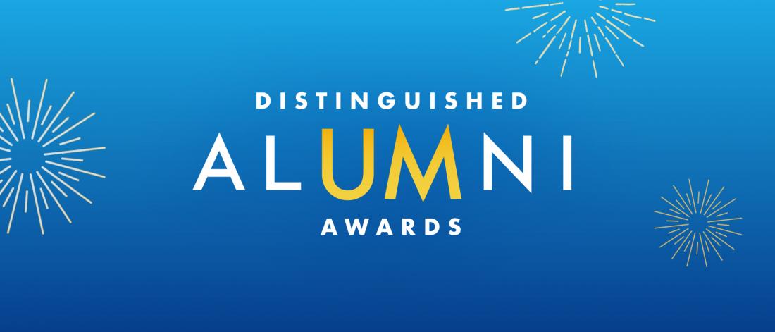 Distinguished Alumni Awards on blue background with colour bursts.