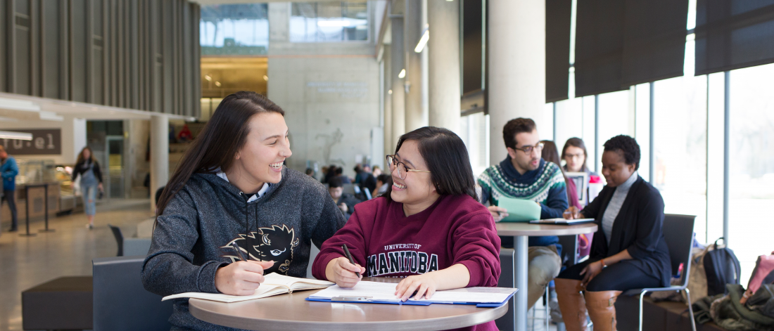 Students working together at a table in the Agora of the Active Living Centre