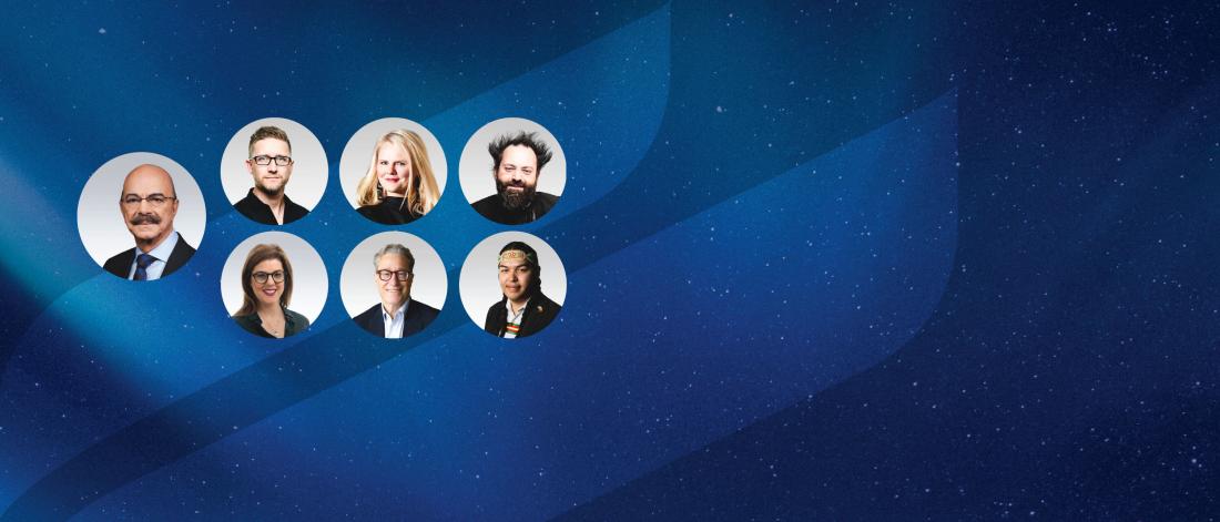 Seven nominees of the Distinguished Alumni Awards are shown in from the shoulders up in seven circles on a starry dark blue background.