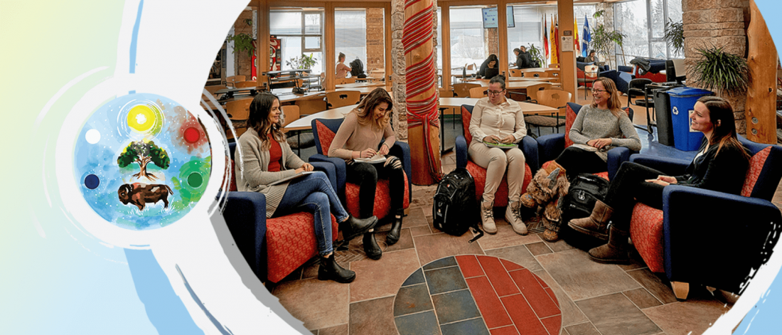 Access logo of painted bison with tree and five colours, plus inset photo of five women sitting in a semicircle in plush chairs beside a post wrapped in a metis sash. 