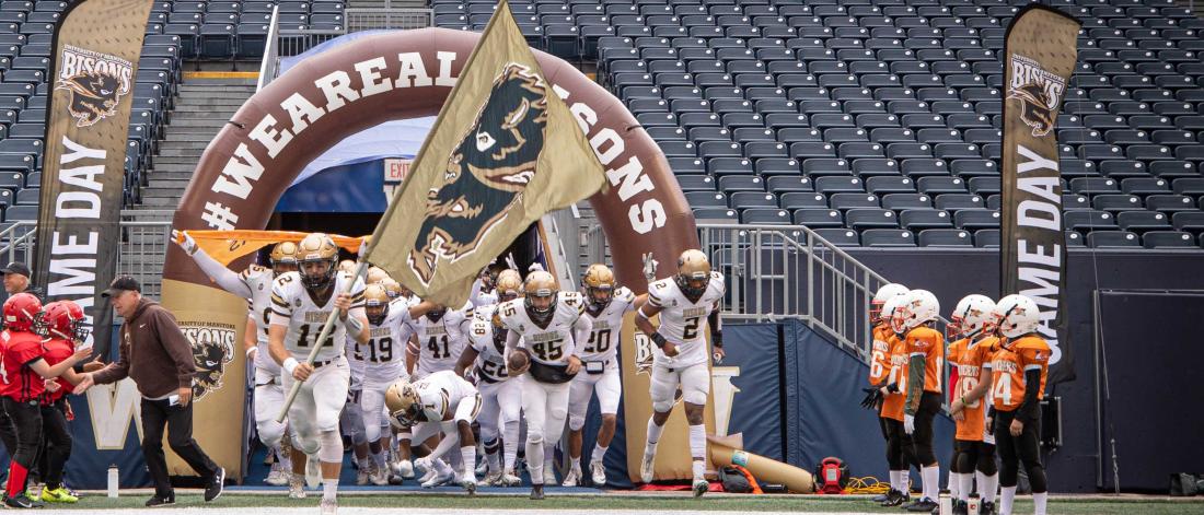 University of Manitoba Bisons football players run onto the field led by a player holding a gold flag with the Bisons logo on it.