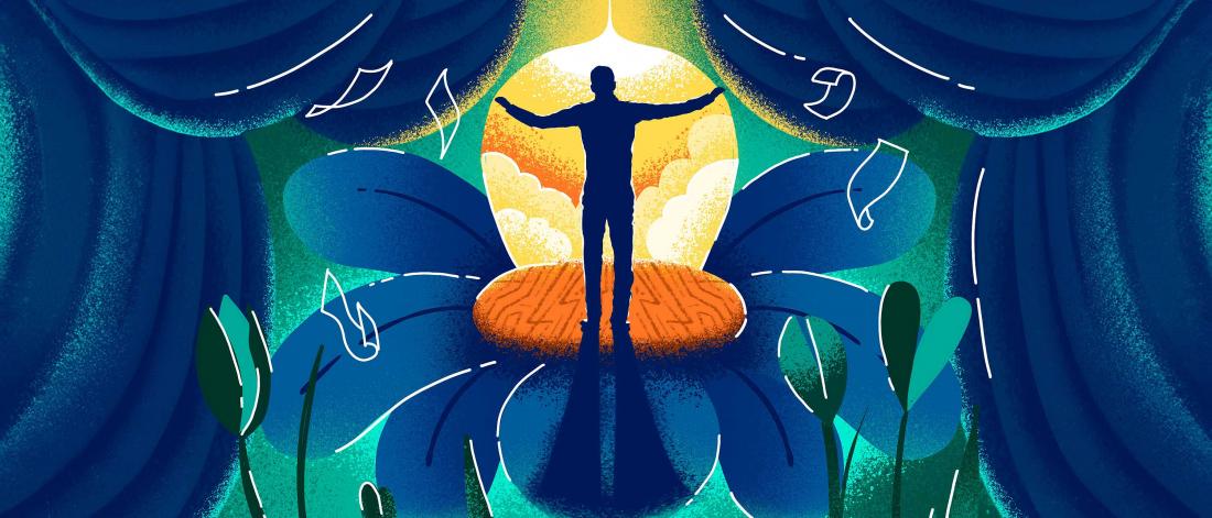 Graphic illustration of a human silhouette standing inside of a blue flower.