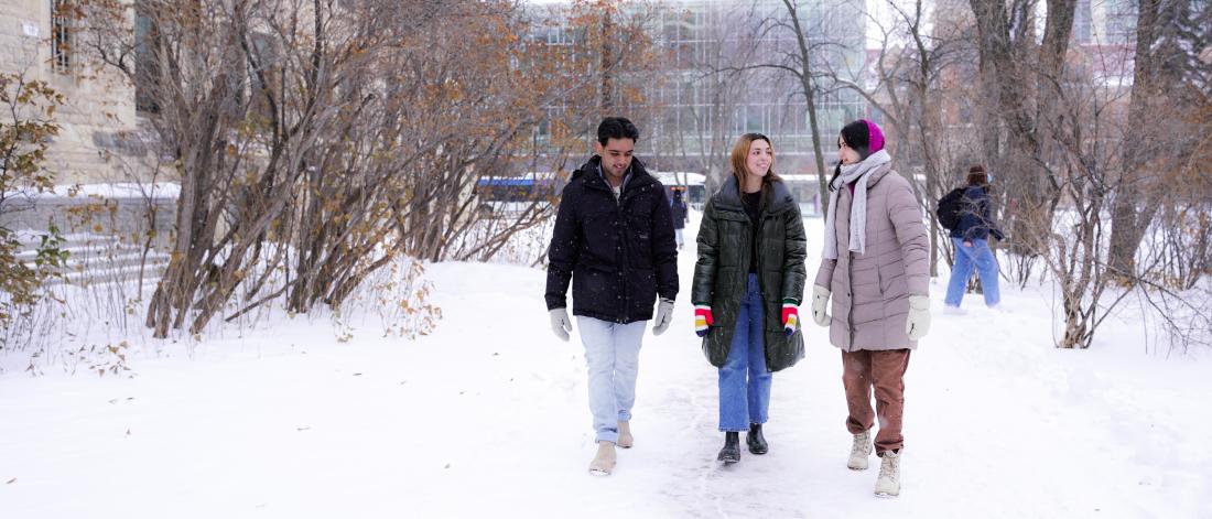 Students walking outside and chatting in winter