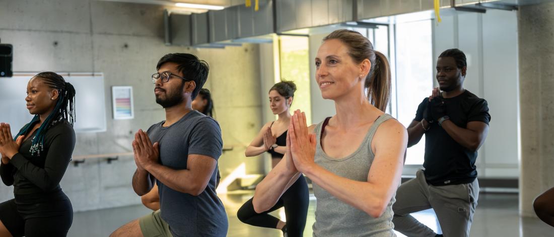 A woman in a yoga class practices a tree pose