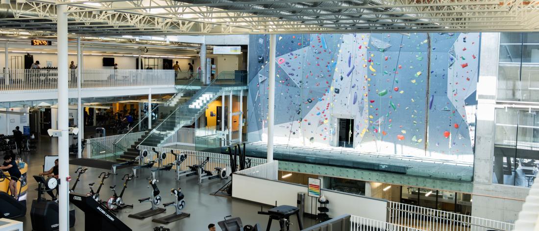 A wide shot of the Active living Centre including the climbing wall