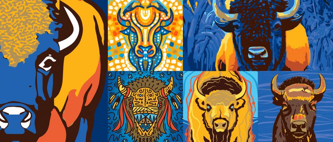 Six illustrated bison in a grid pattern.