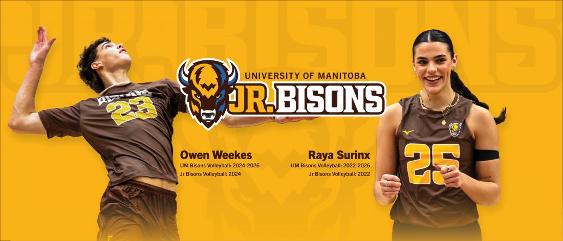 graphic with junior bisons logo and cutouts of a male and female volleyball player.