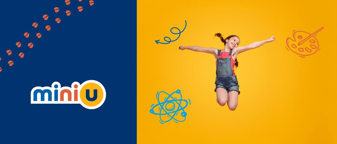 Mini u logo on a blue background with the graphic of a girl jumping against a yellow background on the other half.