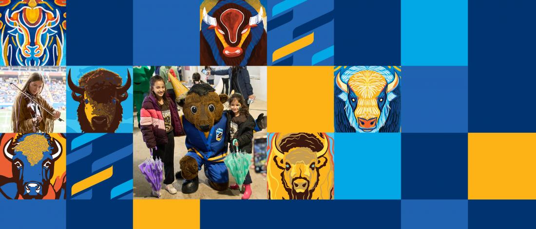 A graphic with illustrated Bison faces, coloured shapes and people smiling.