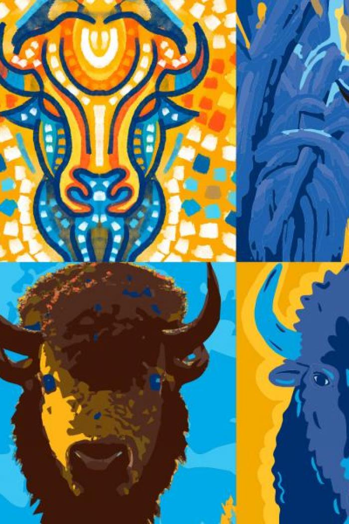 illustrations of bison in a blocked pattern.