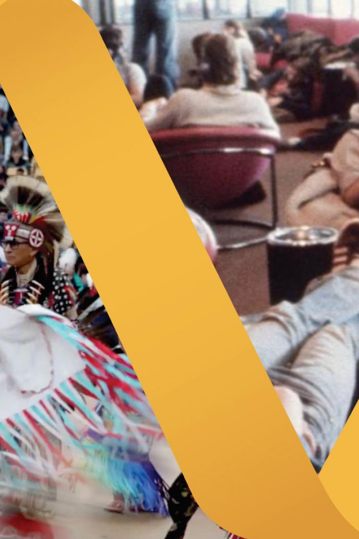 Four archival images separated by a decorative ribbon shaped. From left to right: aerial view of Fort Garry campus in the early 1900s; Dancers at a grad Pow Wow in 2025; Students lounging in the 70s; two women in a science lab in the mid 20th century.
