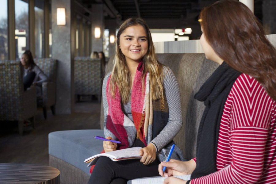 Two female students sitting and studying together in an on campus lounge.