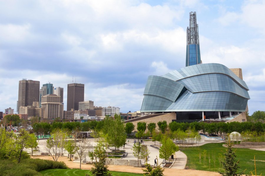 A scenic view of The Forks skate park and Canadian Museum for Human Rights in Winnipeg.