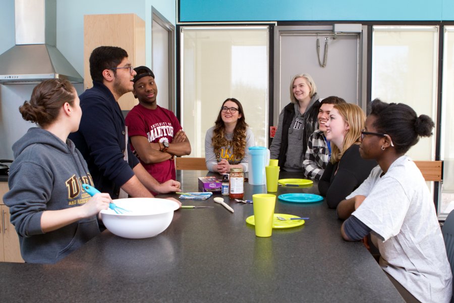 A group of students making a meal together in a University of Manitoba Residence kitchen.