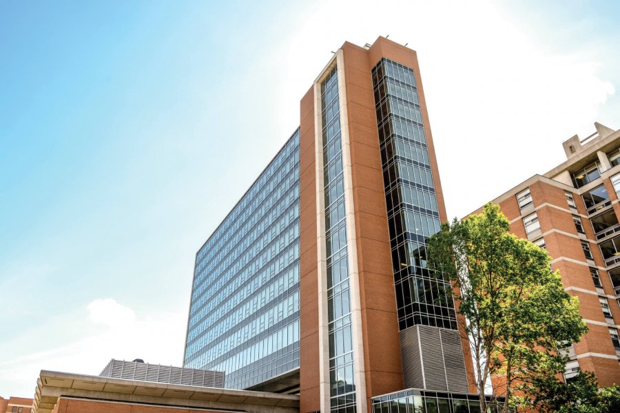 Exterior view of the Pembina Hall Residence building. 