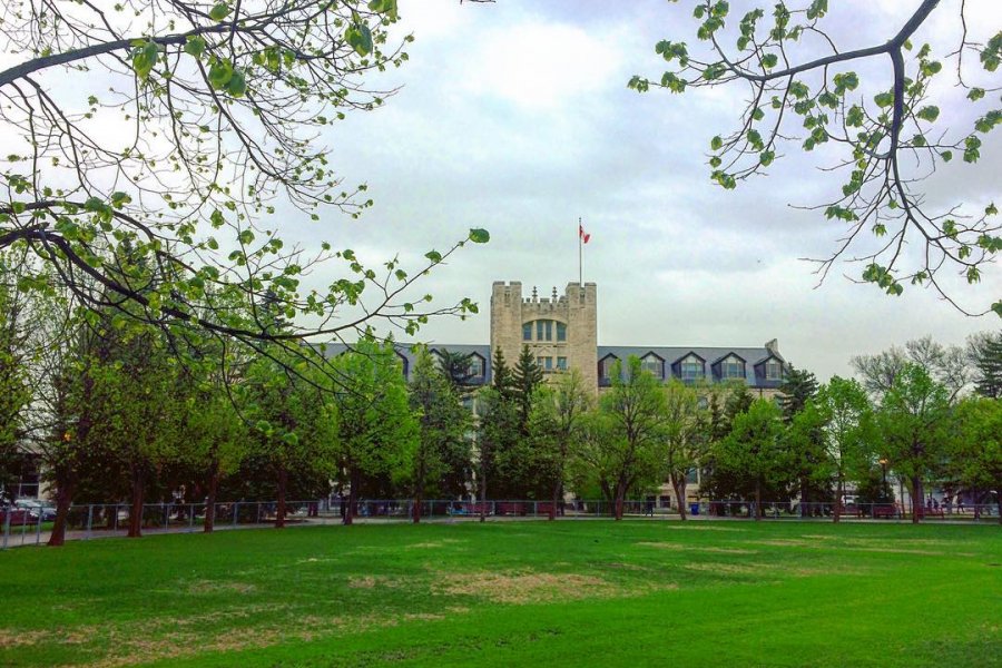 The university campus on a partly cloudy day.