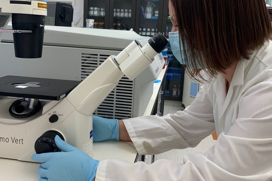 Researcher in mask working in lab.