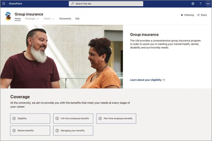 Screenshot of group insurance intranet site