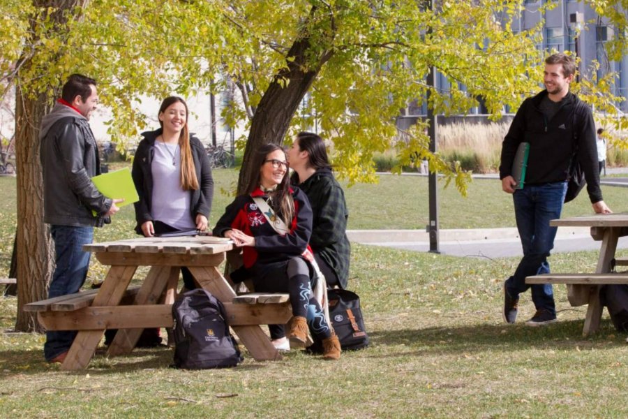 Students sitting on a bench outside on Fort Garry campus