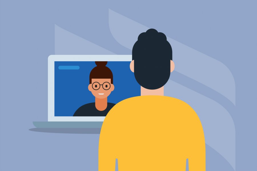 Illustration of a person in a yellow shirt interacting with a person on a computer screen. The person on the screen is wearing a black shirt and has their hair in a bun.