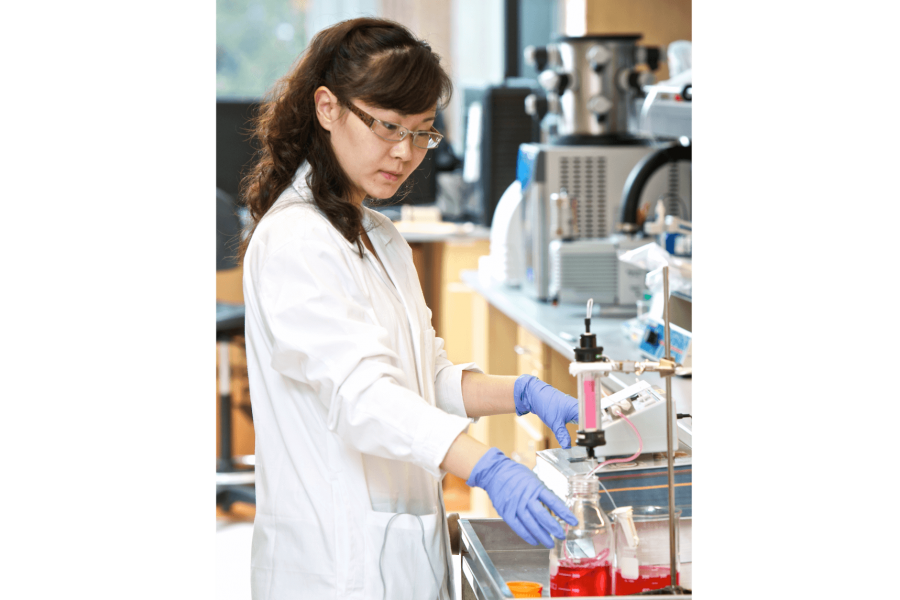 A pharmacy student works with equipment in a lab.