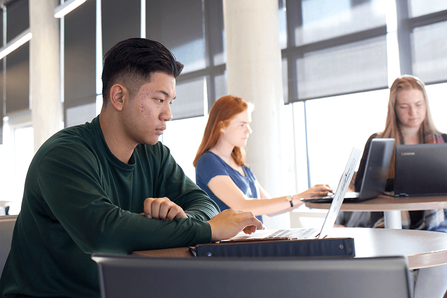 A student on their laptop. Two other students studying in the background.