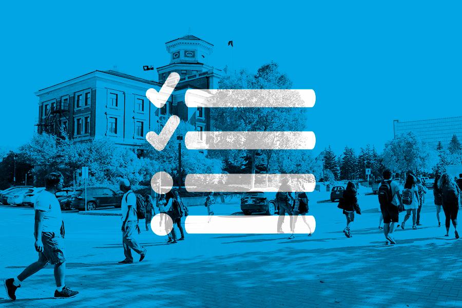 Continuous Improvement icon superimposed on a photo of student walking in front of the UM administration building.