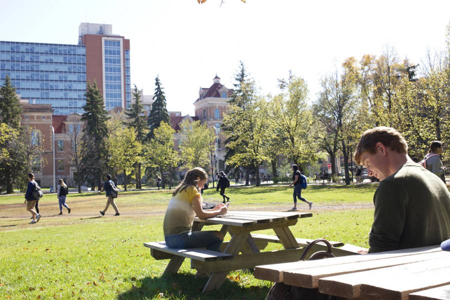 Students sitting on a Fort Garry campus picnic bench outside on a warm, sunny day.
