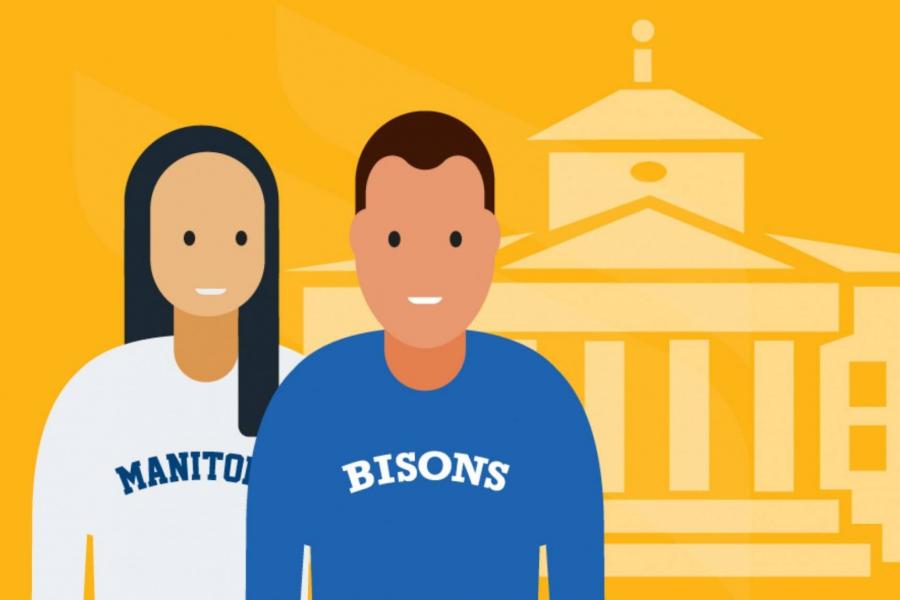A graphic of two students smiling. One is wearing a sweater that says MANITOBA and the other one says BISONS.