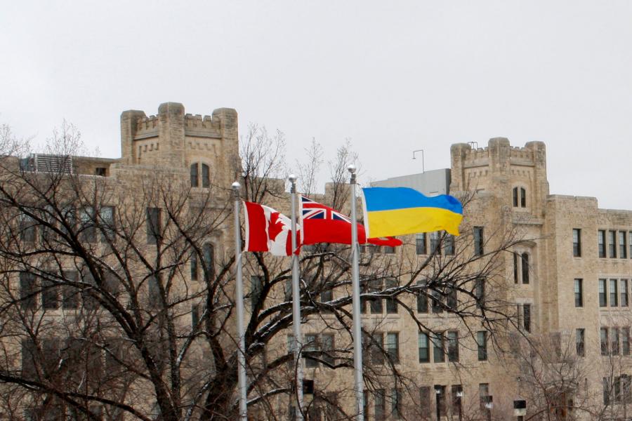 Ukraine's flag flies over University of Manitoba's Fort Garry campus in March 2022. 