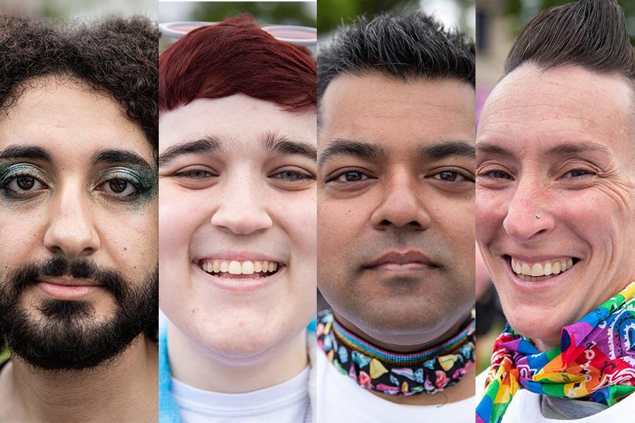 Composite of four headshots at pride. One person has a beard and blue eye shadow. Several people are wearing colourful bandanas and necklaces around their necks.