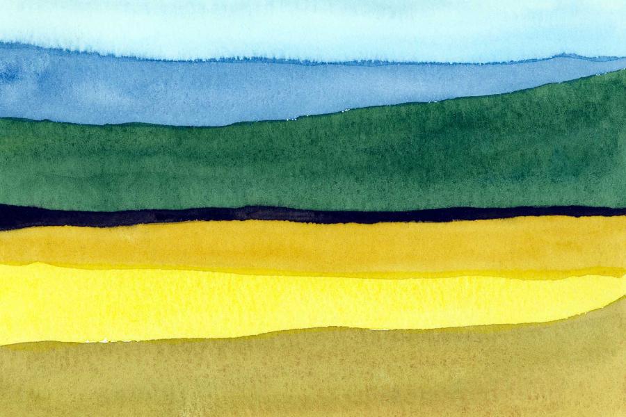 a watercolour painting of the land featuring a field of different shades of yellow, green hills, and a blue sky.