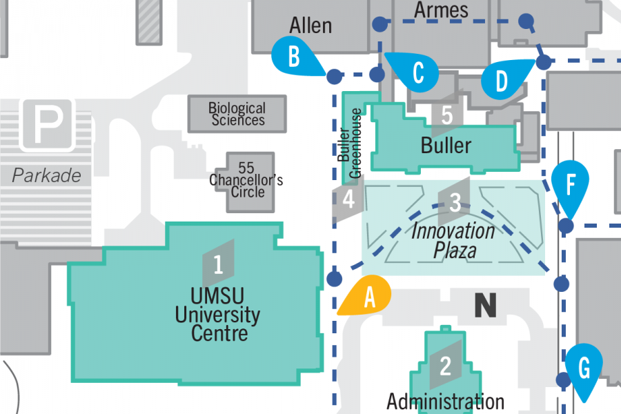 Stop A is outside UMSU University Centre - learn about this building, Administration, Innovation Plaza, Buller Greenhouse, and Buller building