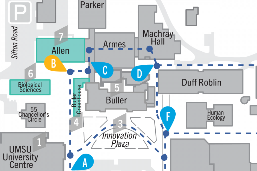 Stop B is outside the Allen building and Buller Greenhouse - learn about these buildings and Biological Sciences