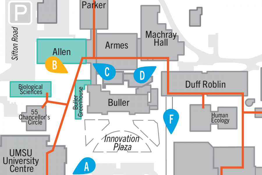 Stop B tunnel map - tunnels from the first floor of UMSU University Centre connect to the buildings in the science complex