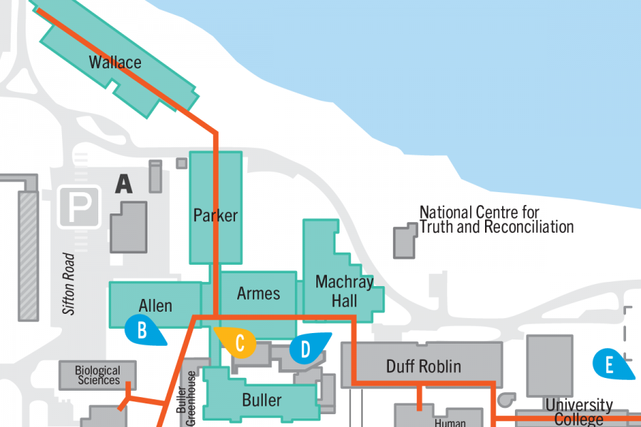 Stop C tunnel map - tunnels connect the science buildings to the Wallace and Duff Roblin buildings