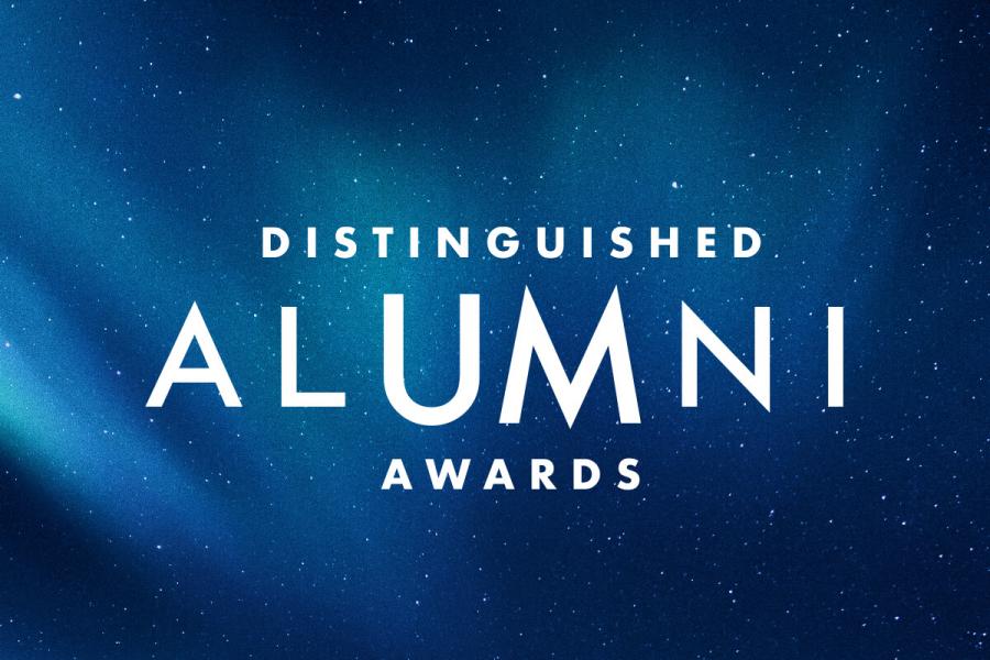 Dark blue, starry background with text: Distinguished Alumni Awards.