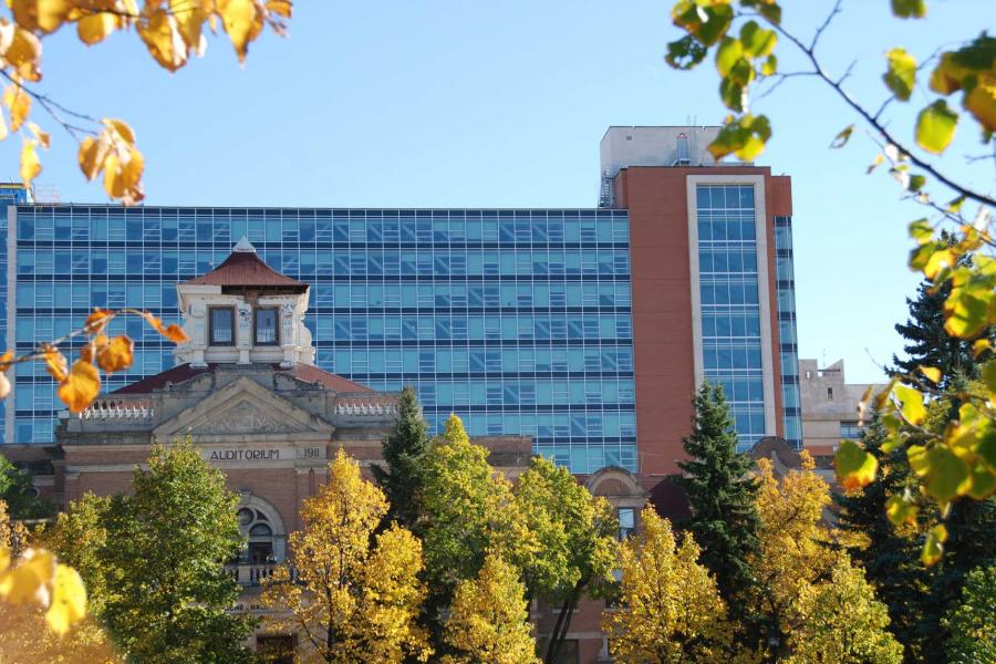 A photograph of the University of Manitoba's Pembina Hall in the autumn.