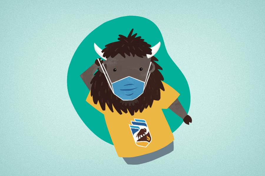 Graphic of Billy Bison putting on mask.