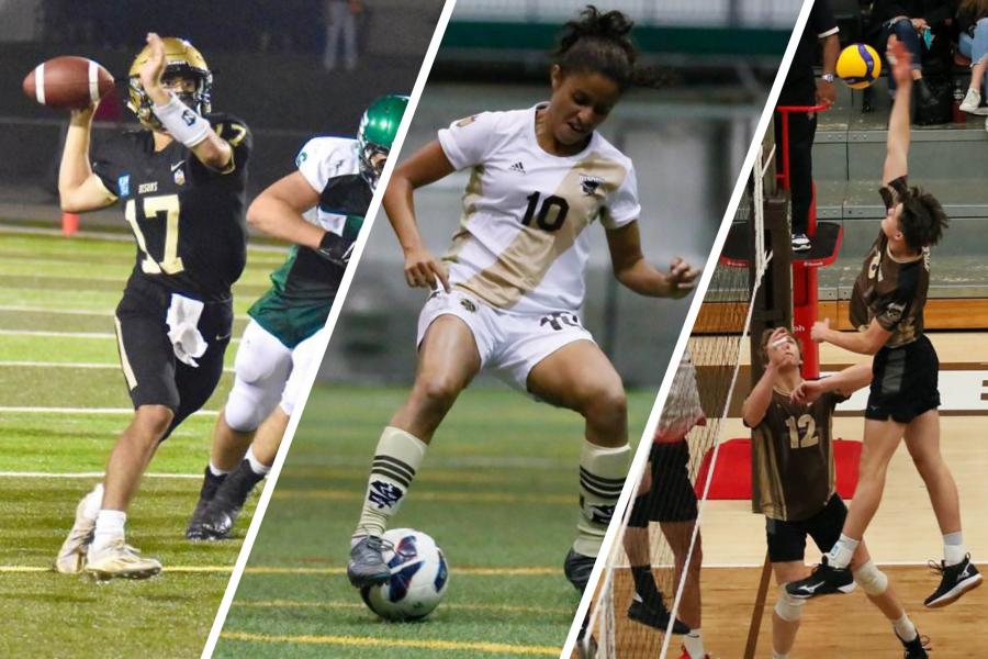 Collage of UM Bisons football player, women's soccer player and men volleyball player