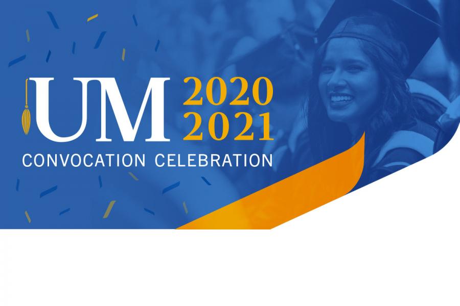 UM 2020-2021 convocation celebration, yellow tassel hangs from UM, smiling graduate in shades of blue and confetti in background