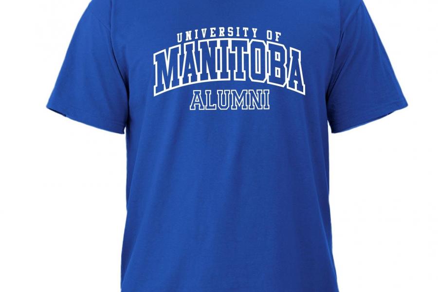 Blue t-shirt with text that says University of Manitoba alumni.