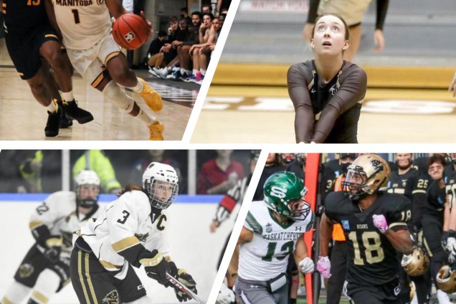 Collage of various Bisons sports including men's basketball, women's volleyball, women's hockey, and men's football.