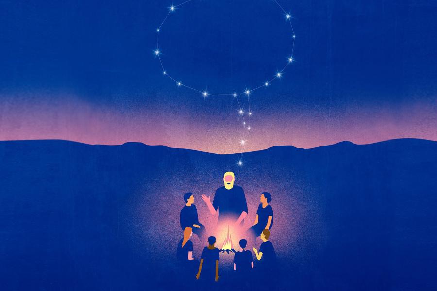An illustration in which a man speaks to a group around a fire pit. His voice is represented as a voice bubble made of stars in the sky.