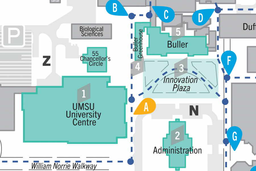 A map highlighting buildings that are part of stop A