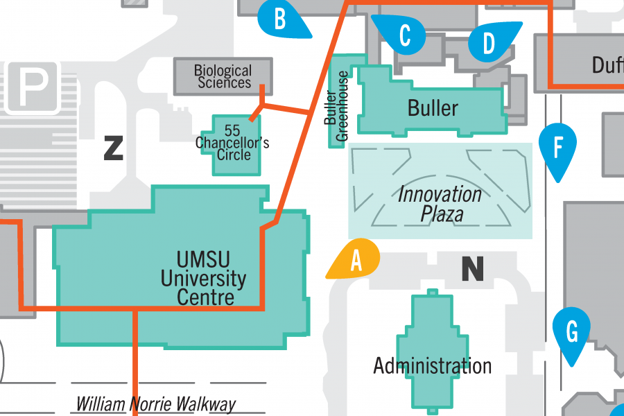 Map showing tunnel connections for buildings in Stop A